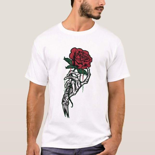 Camiseta Skeleton Hand Holding Red Rose — Edgy Valentine’s  (Frente)