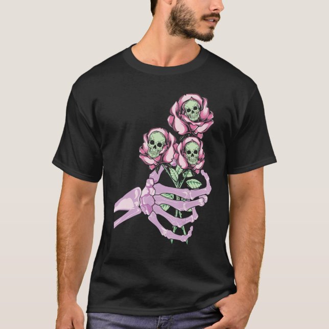 Camiseta Skeleton Hand Skull Pastel Roses Graphic Valentine (Frente)
