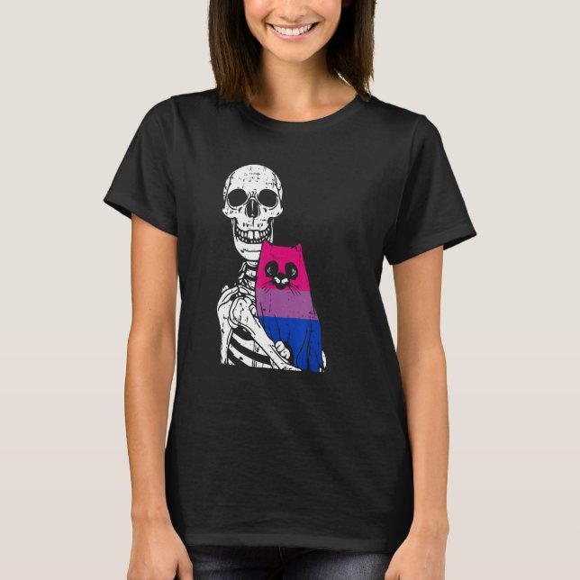 Camiseta Skeleton Holding A Cat Bisexual LGBT-Q Pride Rainb (Frente)