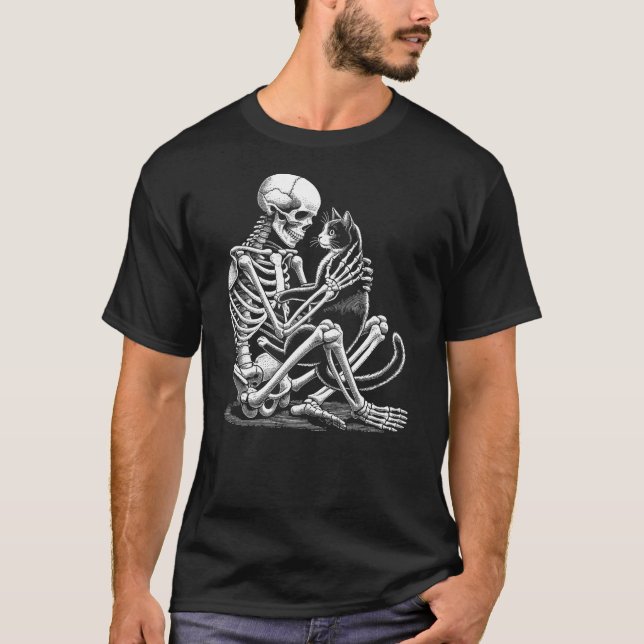 Camiseta Skeleton Holding A Cat Funny Lazy Halloween Costum (Frente)