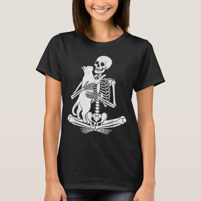Camiseta Skeleton Holding Cat Funny Soky Halloween Meow Kit (Frente)