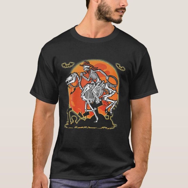 Camiseta Skeleton Horse Cowboy Andando Costume de Halloween (Frente)