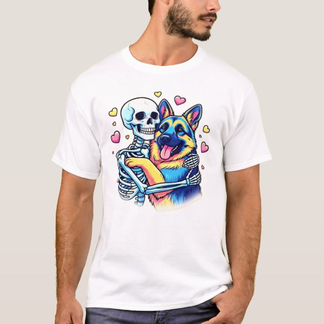 Camiseta Skeleton Hugging a German Shepherd � Unique Gothic (Frente)