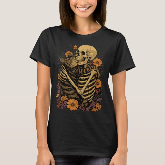 Camiseta Skeleton Hugging Cat Floral Halloween Cats Lover  (Frente)