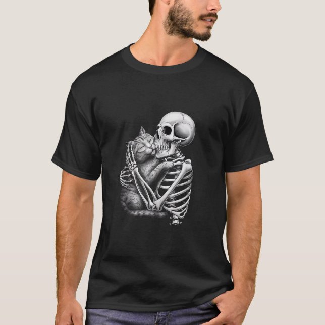 Camiseta Skeleton Hugging Cat Halloween Cat Lover Cat Mãe D (Frente)