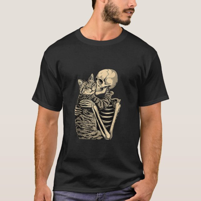 Camiseta Skeleton Hugging Cat Halloween Cat Lover Cat Mãe D (Frente)