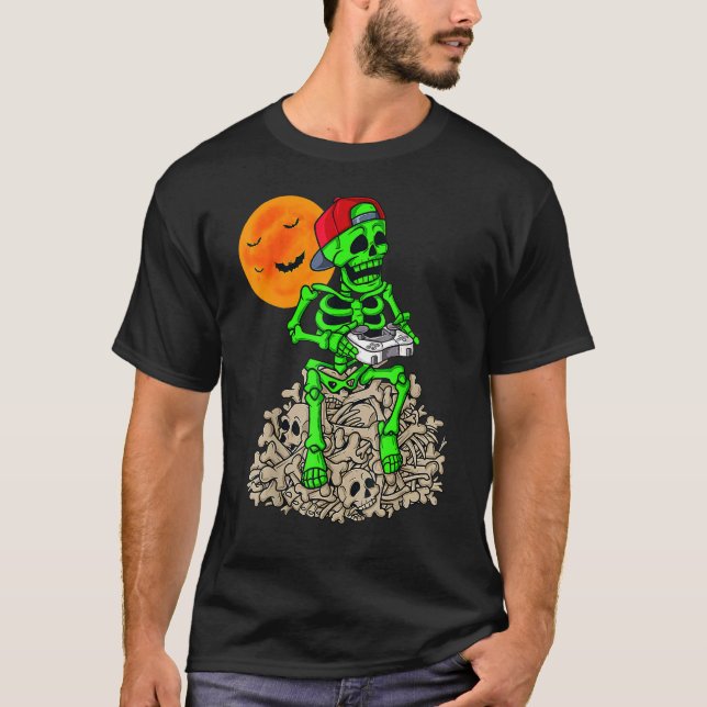 Camiseta Skeleton Jogando Em Ossos Gameboy Bomba De Caveira (Frente)