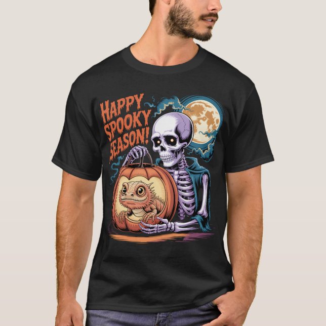Camiseta Skeleton & Lizard Pumpkin Halloween Art (Frente)