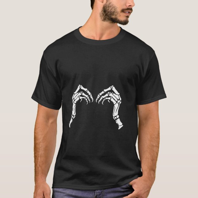Camiseta Skeleton Mãos Simétricas e Loucas Halloween (Frente)