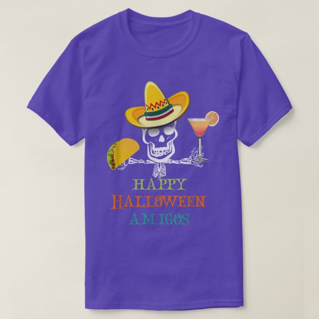 Camiseta Skeleton mexicano Hat Taco do Dia de as Bruxas eng (Frente do Design)