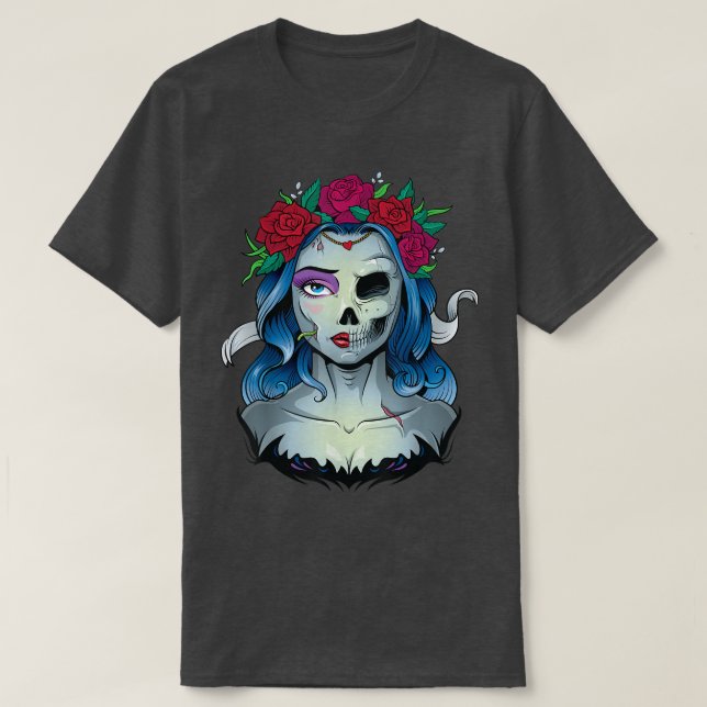 Camiseta Skeleton Morto Noiva Halloween Fumaça morta La Ca (Frente do Design)