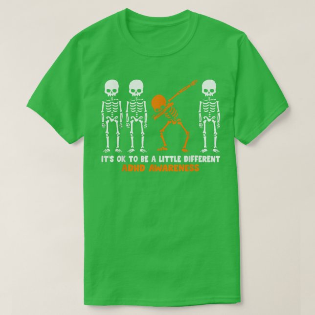 Camiseta Skeleton Orange Ribbon ADHD Sensibilização Hallowe (Frente do Design)