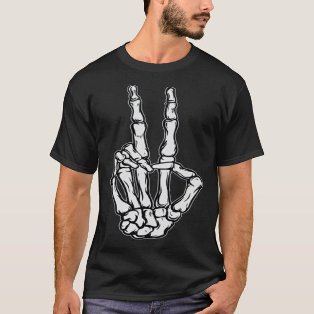 Camiseta Skeleton Peace Sign Victory Hand Sign Pocket (Frente)
