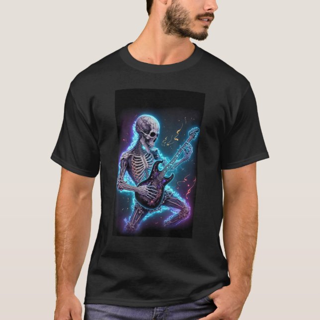 Camiseta skeleton playing electric guitar in space (Frente)