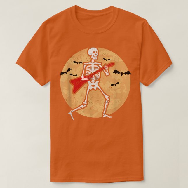 Camiseta Skeleton Playing Guitar Rock Moon Halloween Music  (Frente do Design)