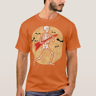Camiseta Skeleton Playing Guitar Rock Moon Halloween Music 