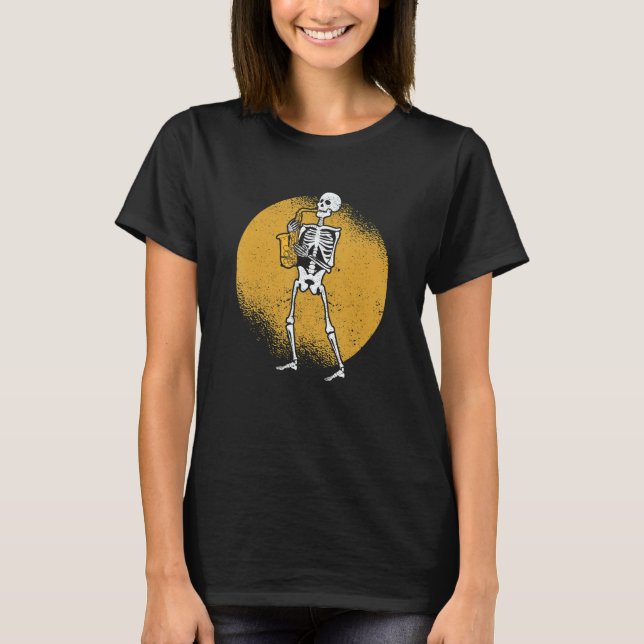 Camiseta Skeleton Playing Saxophone Jazz Halloween Music Sp (Frente)