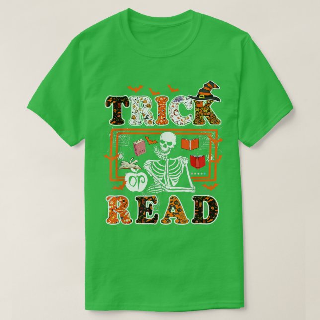 Camiseta Skeleton Professora Halloween T Trick Ou Read Book (Frente do Design)