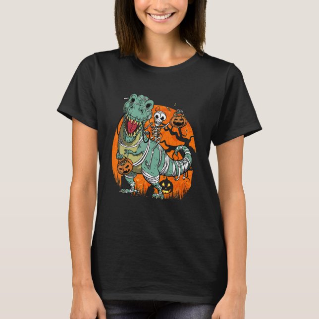 Camiseta Skeleton Pumpkin Andando Mummy Dinosaur rex Hallow (Frente)
