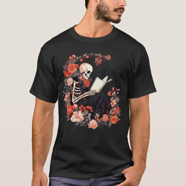Camiseta Skeleton Reading Book Lover Floral Flowers Bookish (Frente)