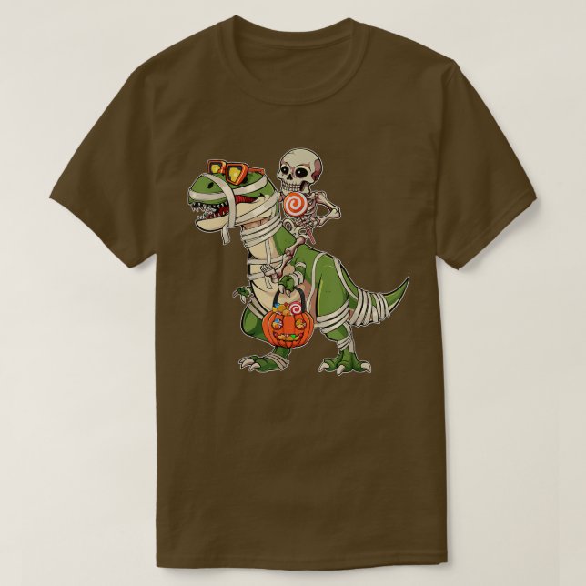 Camiseta Skeleton Riding Dinosaur Halloween Candy Sweets Lo (Frente do Design)