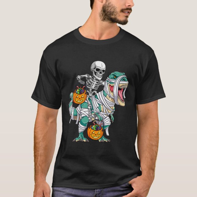 Camiseta Skeleton Riding Dinossaur T Rex Divorciando Crianç (Frente)