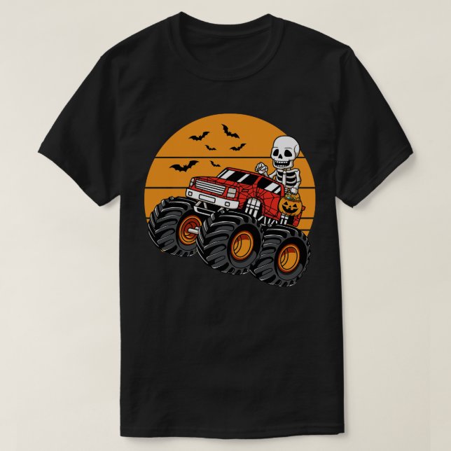 Camiseta Skeleton Riding Monster Truck Halloween (Frente do Design)
