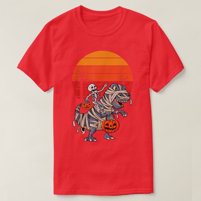 Camiseta Skeleton Riding Mummy Dinosaur Engraçado Tre Hallo (Frente do Design)