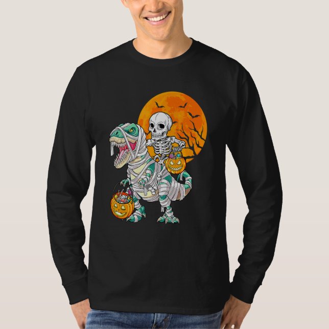 Camiseta Skeleton Riding Mummy Dinosaur Rex Halloween  Pump (Frente)