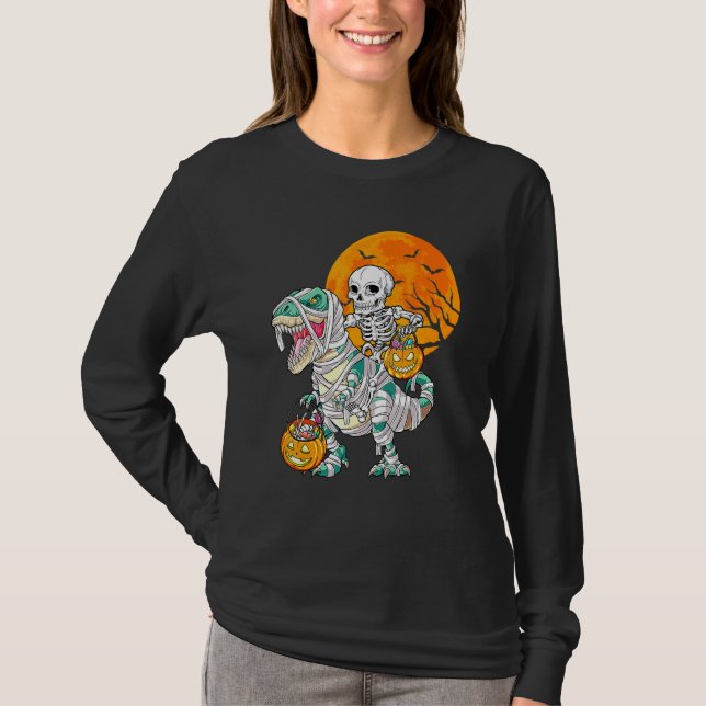 Camiseta Skeleton Riding Mummy Dinosaur Rex Halloween  Pump (Frente)