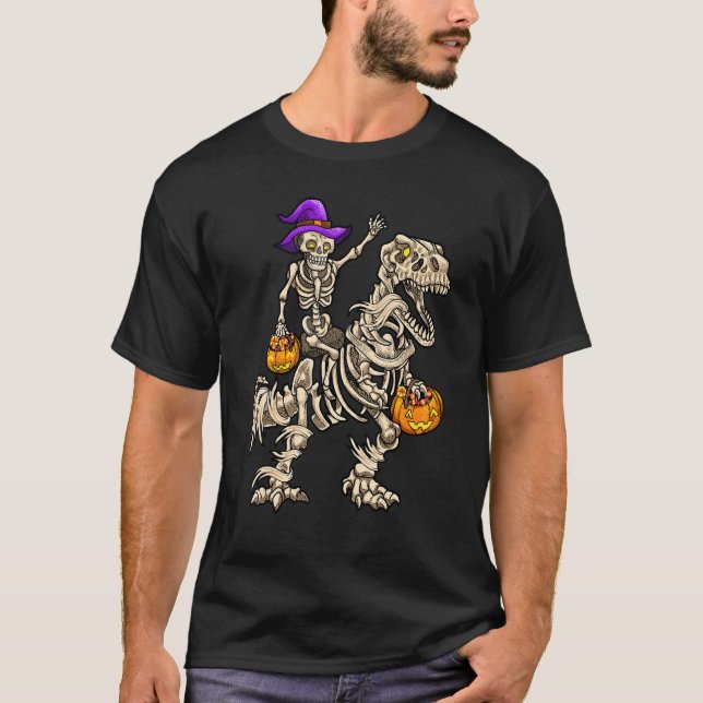 Camiseta Skeleton Riding Mummy Dinosaur rex Halloween Pump (Frente)