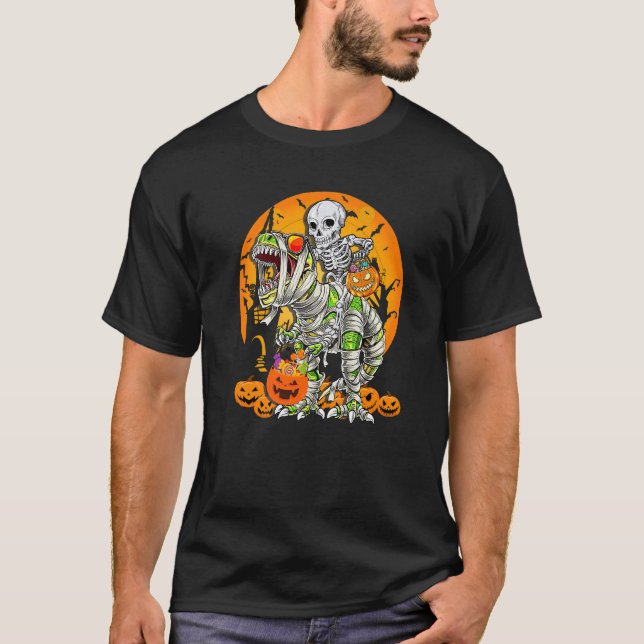 Camiseta Skeleton Riding Mummy Dinosaur rex Halloween  Pump (Frente)