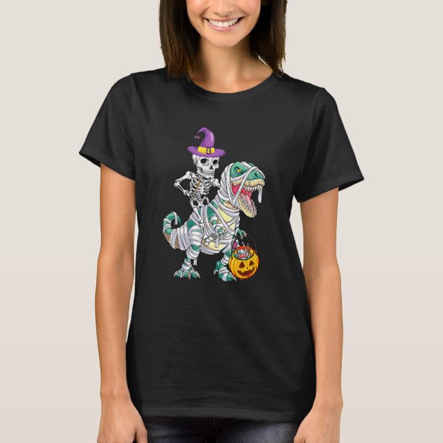 Camiseta Skeleton Riding Mummy Dinosaur Rex Halloween  Pump (Frente)