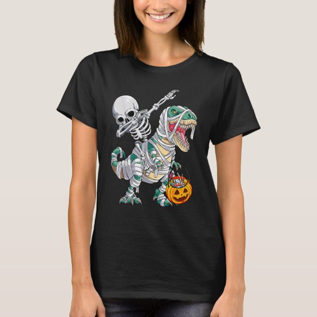 Camiseta Skeleton Riding Mummy Dinosaur Rex Halloween Pump (Frente)