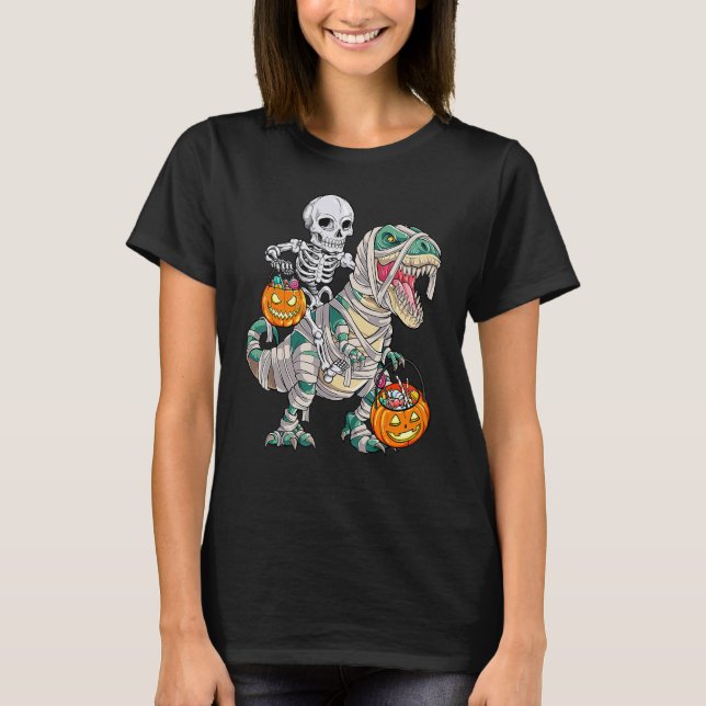 Camiseta Skeleton Riding Mummy Dinosaur Rex Halloween Pump (Frente)
