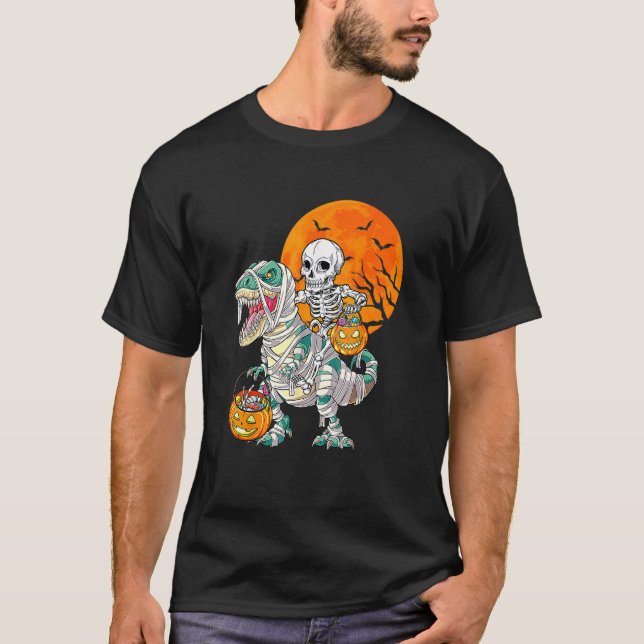 Camiseta Skeleton Riding Mummy Dinosaur Rex Halloween Pump (Frente)