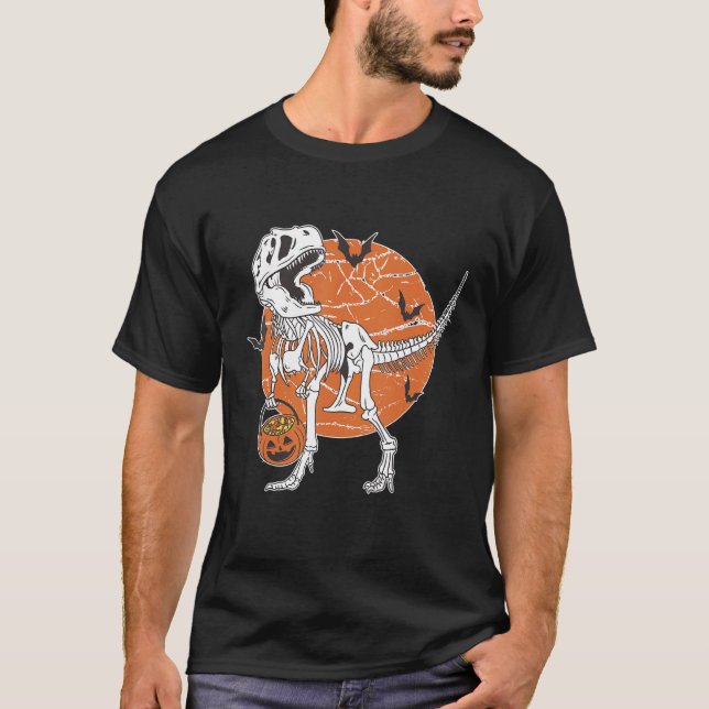 Camiseta Skeleton Riding Mummy Dinosaur rex Halloween  Pump (Frente)
