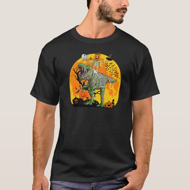 Camiseta Skeleton Riding Mummy Dinosaur rex Para Meninos H (Frente)