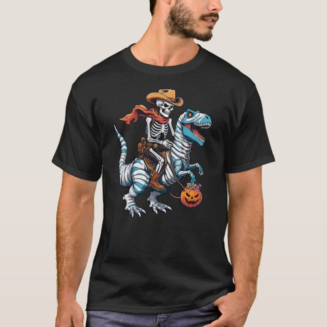 Camiseta Skeleton Riding Mummy Dinosaur T-rex Funny Hallowe (Frente)