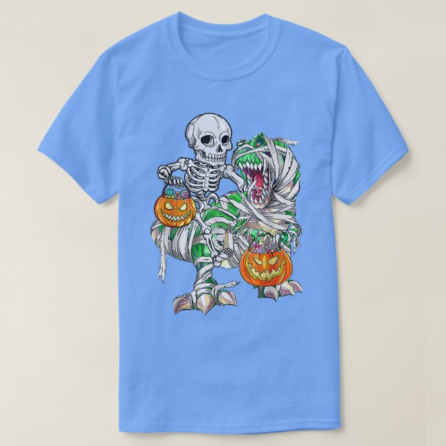 Camiseta Skeleton Riding Mummy Dinosaur T Rex Halloween (Frente do Design)