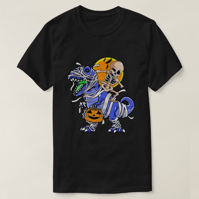 Camiseta Skeleton Riding Mummy Dinosaur T rex Halloween (Frente do Design)