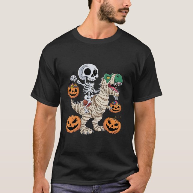 Camiseta Skeleton Riding Mummy Dinosaur T rex Halloween (Frente)