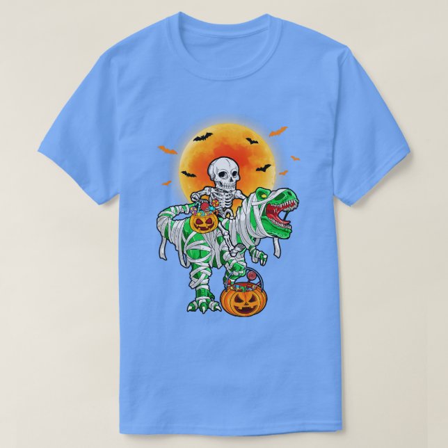 Camiseta Skeleton Riding Mummy Dinosaur T Rex Halloween (Frente do Design)