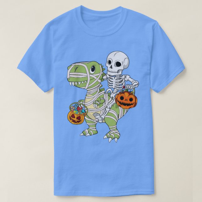 Camiseta Skeleton Riding Mummy Dinosaur T rex Halloween (Frente do Design)