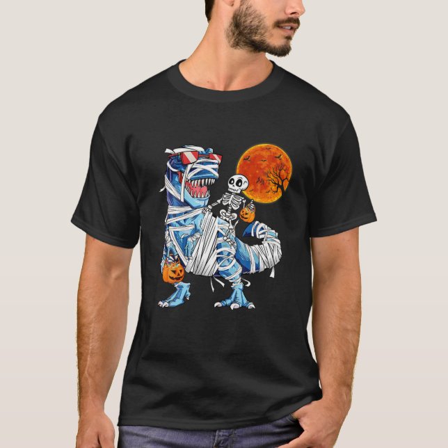 Camiseta Skeleton Riding Mummy Dinosaur T Rex Halloween (Frente)