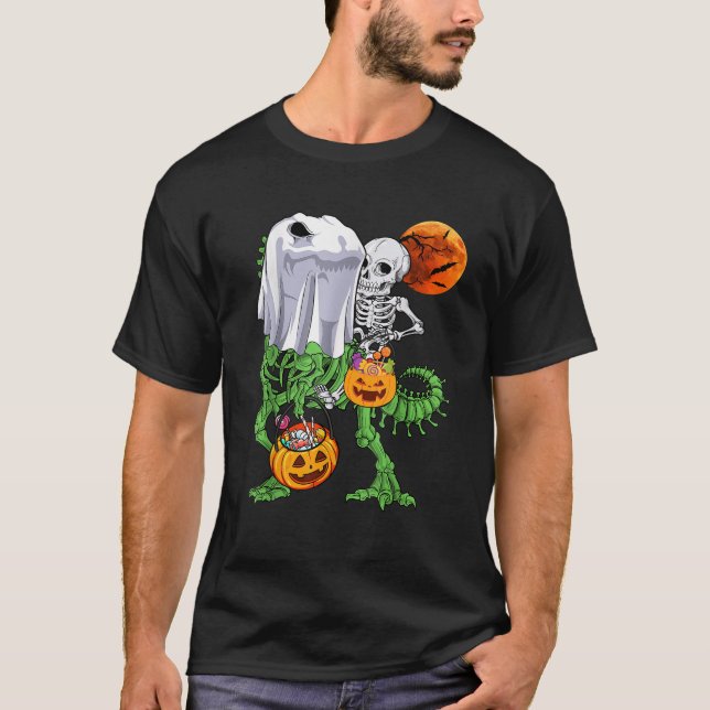 Camiseta Skeleton Riding Mummy Dinosaur T rex Halloween (Frente)