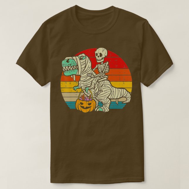 Camiseta Skeleton Riding Mummy Dinosaur T rex Halloween (Frente do Design)