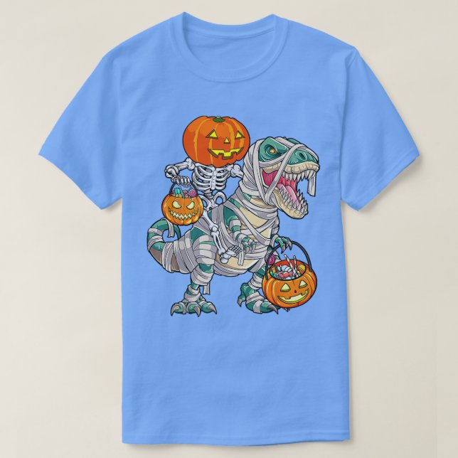 Camiseta Skeleton Riding Mummy Dinosaur T rex Halloween (Frente do Design)