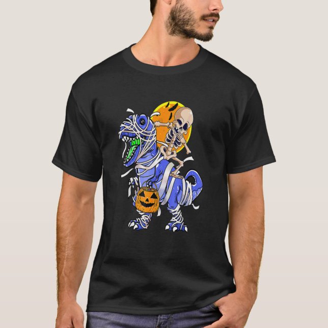 Camiseta Skeleton Riding Mummy Dinosaur T rex Halloween (Frente)