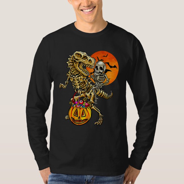 Camiseta Skeleton Riding Mummy Dinosaur T Rex Halloween Kid (Frente)